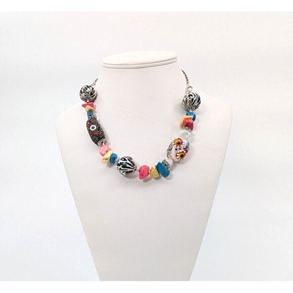 Chunky Necklace Glass Beaded Lampwork Boho Chic Eclectic Statement Piece Artsy - Picture 5 of 11